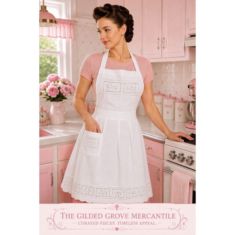 Vintage White Linen Apron Greek Key Embroidery Hemstitch Scalloped NOS